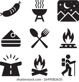 Conjunto de ícones de acampamento e aventura ao ar livre, com comida, cenário e atividades para os entusiastas da natureza e viagens