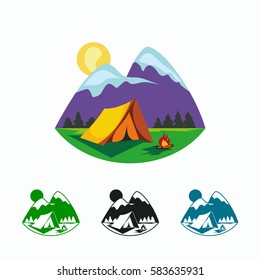 Camping and outdoor adventure illustration. Cartoon tent, campfire and mountain landscape.