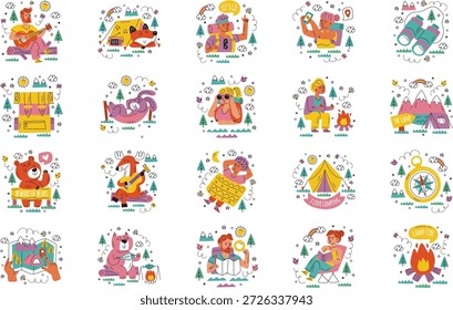 Ilustración vectorial De Camping Y Ilustraciones De Aventura Al Aire Libre. Plantilla de diseño de símbolos de ilustración para elemento de interfaz de usuario móvil de Web.