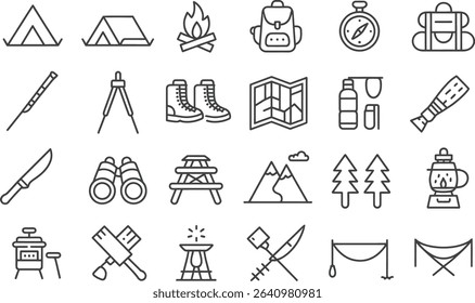 Camping and outdoor adventure line icons set minimalist camping equipment