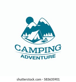 Camping and outdoor adventure logo. Monochrome tourism emblem with a tent, campfire and mountain landscape.