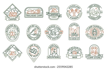 Camping and outdoor adventure logos, labels, icons. A set of 15 camping logotypes. Camper, Bear, Lake, Mountains, Forest. Ideal for branding campsites, outdoor gear, adventures. Vector illustration