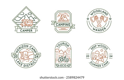 Camping and outdoor adventure logos, labels, icons. A set of 6 camping logotypes. Camper, Bear, Lake, Mountains, Forest. Ideal for branding campsites, outdoor gear, adventures. Vector illustration