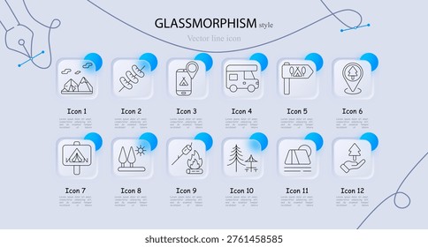 Camping outdoor adventure navigation set icon. Line symbols with mountains landscape, grilling skewers, smartphone map location, camper van vehicle, direction signpost