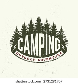 Camping outdoor adventure patch design. Vector. Extreme adventure. Concept for shirt or logo, print, stamp with hiking poles and pine forest. Outdoor adventure.