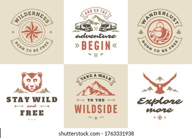 Camping and outdoor adventure quotes and sayings typography set vector illustration. Good for t-shirts, mugs, greeting cards, photo overlays and posters