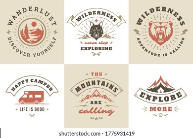 Camping and outdoor adventure quotes and sayings typography set vector illustration. Good for t-shirts, mugs, greeting cards, photo overlays and posters