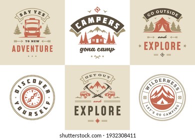 Camping and outdoor adventure quotes and sayings typography set vector illustration. Good for t-shirts, mugs, greeting cards, photo overlays and posters