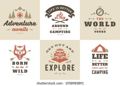 Camping and outdoor adventure quotes and sayings typography set vector illustration. Good for t-shirts, mugs, greeting cards, photo overlays and posters
