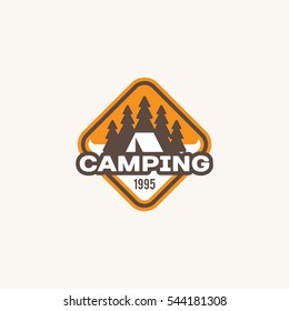 Camping and outdoor adventure retro logo, badge, sticker, stamp for your design. Summer and winter vacation insignia. Vector Illustration.