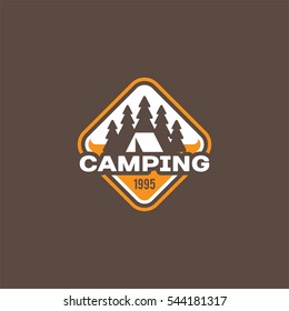 Camping and outdoor adventure retro logo, badge, sticker, stamp for your design. Summer and winter vacation insignia. Vector Illustration.