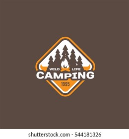 Camping and outdoor adventure retro logo, badge, sticker, stamp for your design. Summer and winter vacation insignia. Vector Illustration.