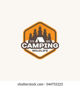 Camping and outdoor adventure retro logo, badge, sticker, stamp for your design. Summer and winter vacation insignia. Vector Illustration.