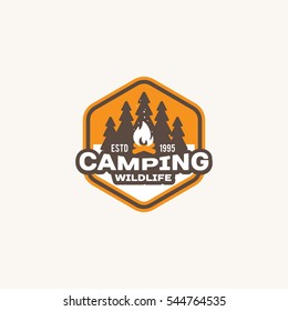 Camping and outdoor adventure retro logo, badge, sticker, stamp for your design. Summer and winter vacation insignia. Vector Illustration.