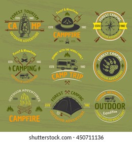 Camping and outdoor adventure set of vector isolated colored labels, emblems, badges and logos on green background with grunge texture