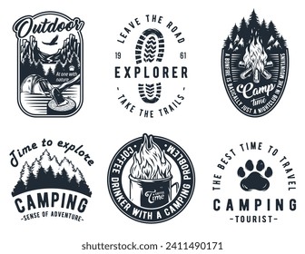 Camping outdoor adventure, summer forest camp, wild life explore emblems set