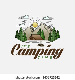 Camping and outdoor adventure at sunny day logo template