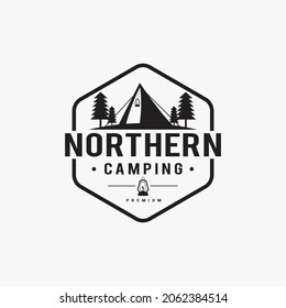 Camping outdoor adventure symbol logo. Camping tent in the forest or mountains camping equipment, vintage lamp illustration