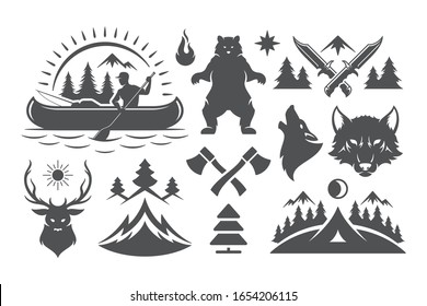 Camping and outdoor adventures design elements and icons set vector illustration. Mountains, wild animals and other. Good for t-shirts, mugs, greeting cards, badges and posters.