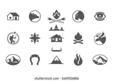 Camping and outdoor adventures design elements and icons set vector illustration. Mountains, wild animals and other. Good for t-shirts, mugs, greeting cards, badges and posters.