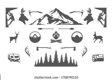 Camping and outdoor adventures design elements and icons set vector illustration. Mountains, wild animals and other. Good for t-shirts, mugs, greeting cards, badges and posters.