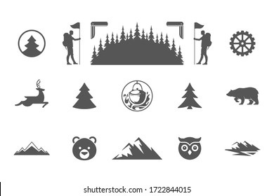 Camping and outdoor adventures design elements and icons set vector illustration. Mountains, wild animals and other. Good for t-shirts, mugs, greeting cards, badges and posters.