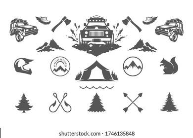 Camping and outdoor adventures design elements and icons set vector illustration. Mountains, wild animals and other. Good for t-shirts, mugs, greeting cards, badges and posters.