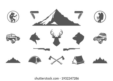 Camping and outdoor adventures design elements and icons set vector illustration. Mountains, wild animals and other. Good for t-shirts, mugs, greeting cards, badges and posters.