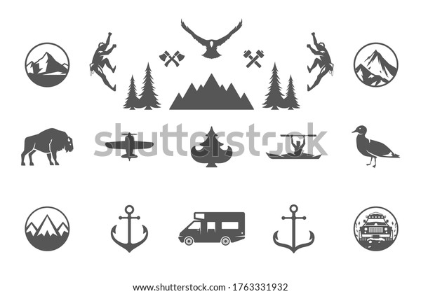 Camping and\
outdoor adventures design elements and icons set vector\
illustration. Mountains, wild animals and other. Good for t-shirts,\
mugs, greeting cards, badges and\
posters.