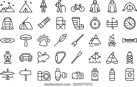 Camping and outdoor adventures icons collection depicting hiking equipment and activities