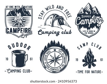 Camping outdoor adventures, summer forest camp, wild life explore emblems set