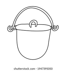 Camping outdoor cooking pot with handle. Hand drawn vector illustration in doodle style on white background. Isolated black outline. Camping equipment.