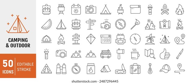 Camping and Outdoor editable stroke outline Icons set. Map, tourism, camping, hiking, direction, bonfire, backpack and tent. Vector illustration