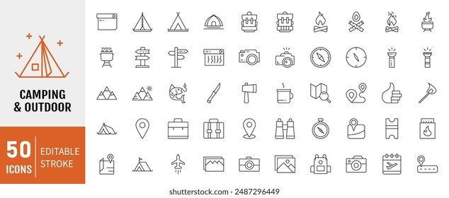 Conjunto de iconos de contorno de trazo editable para camping y exteriores. Mapa, turismo, camping, senderismo, dirección, hoguera, mochila y tienda. Ilustración vectorial