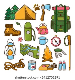 Camping outdoor elements. Isolated boot and tent in forest, metal mug and kettle. Campfire and touristic hiking backpack, neoteric vector clipart