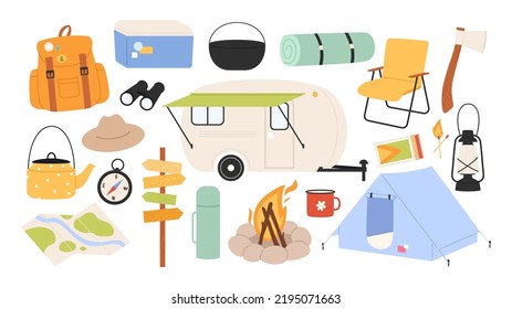 Camping outdoor elements and tools. Holiday recreation on nature tens and camper, travel hiking explorer set. Camp adventure tourist racy vector collection