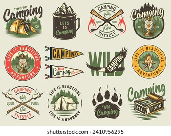 Camping outdoor emblem set, wild forest trip, boating adventure, mountains and campfire explore