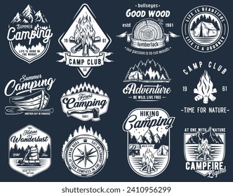 Camping outdoor emblem set, wild forest trip, boating adventure, mountains and campfire explore