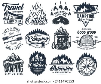 Camping outdoor emblem set, wild forest trip, boating adventure, mountains and campfire explore