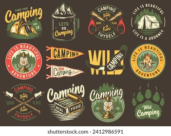 Camping outdoor emblem set, wild forest trip, boating adventure, mountains and campfire explore