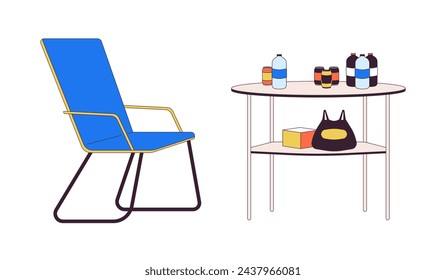 Camping outdoor equipment 2D linear cartoon objects set. Camp furniture table isolated line vector elements white background. Bottles water, can soda, snacks color flat spot illustration collection