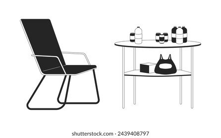 Camping outdoor equipment black and white 2D line cartoon objects set. Camp furniture table isolated vector outline items collection. Bottles water, can soda monochromatic flat spot illustrations