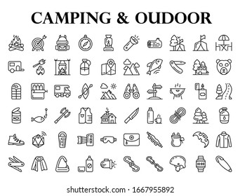 Camping and Outdoor Equipment Set of 60 Icons, Extreme Sports and Expedition Gears Vector,  Climbers and Hiking Gadgets Illustration, Backpacker and Tourist Bunch of Symbols on White background