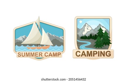 Camping and Outdoor Exploration Badge with Sailing Ship and Forest Scene Vector Set