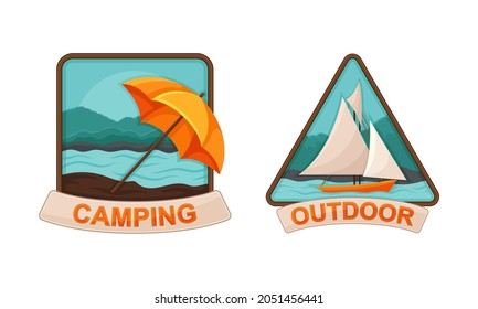 Camping and Outdoor Exploration Badge with Umbrella and Ship Vector Set