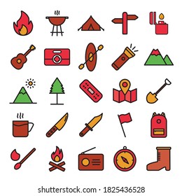Camping And Outdoor Flat Icon Set Color With Line Style Design Vector Template Illustration