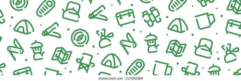 Camping and outdoor gear icon pattern background wide banner