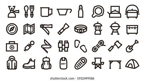 Camping and Outdoor Gear Icon Set (Bold outline version)