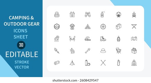 Camping and Outdoor Gear line icons set. Boots, Map, Compass, Fire, Grill, Cooking, Equipment and more. Outline vector icon in linear style. Editable stroke. Vector illustration.