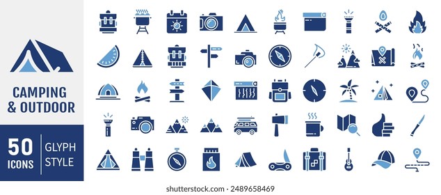 Conjunto de iconos de glifo de camping y exterior. Mapa, turismo, camping, senderismo, dirección, hoguera, mochila y tienda. Ilustración vectorial